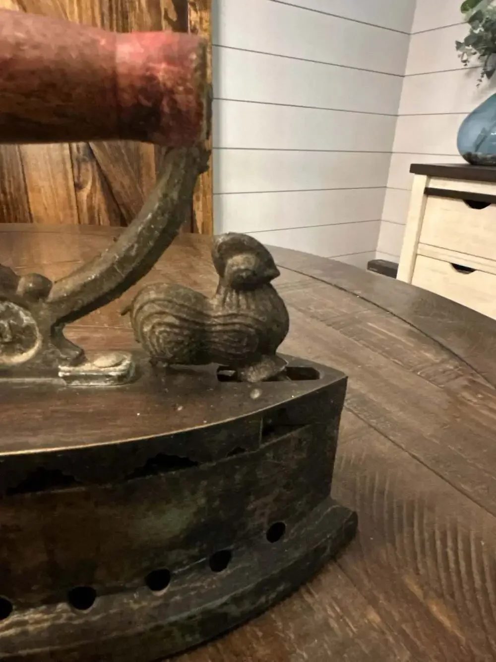Antique Cast Iron Charcoal Iron with Rooster Latch and Wood Handle